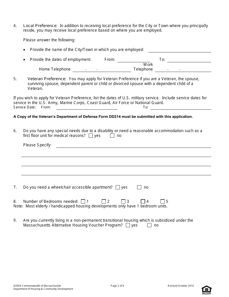 Universal Standard Application for State-Aided Public Housing, Mrvp,  Ahvp - Massachusetts, Page 2