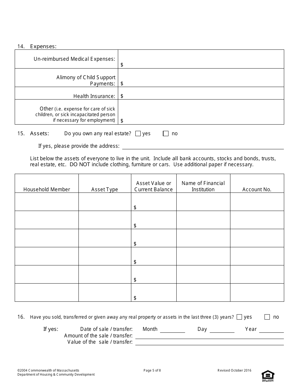Universal Standard Application for State-Aided Public Housing, Mrvp,  Ahvp - Massachusetts, Page 5