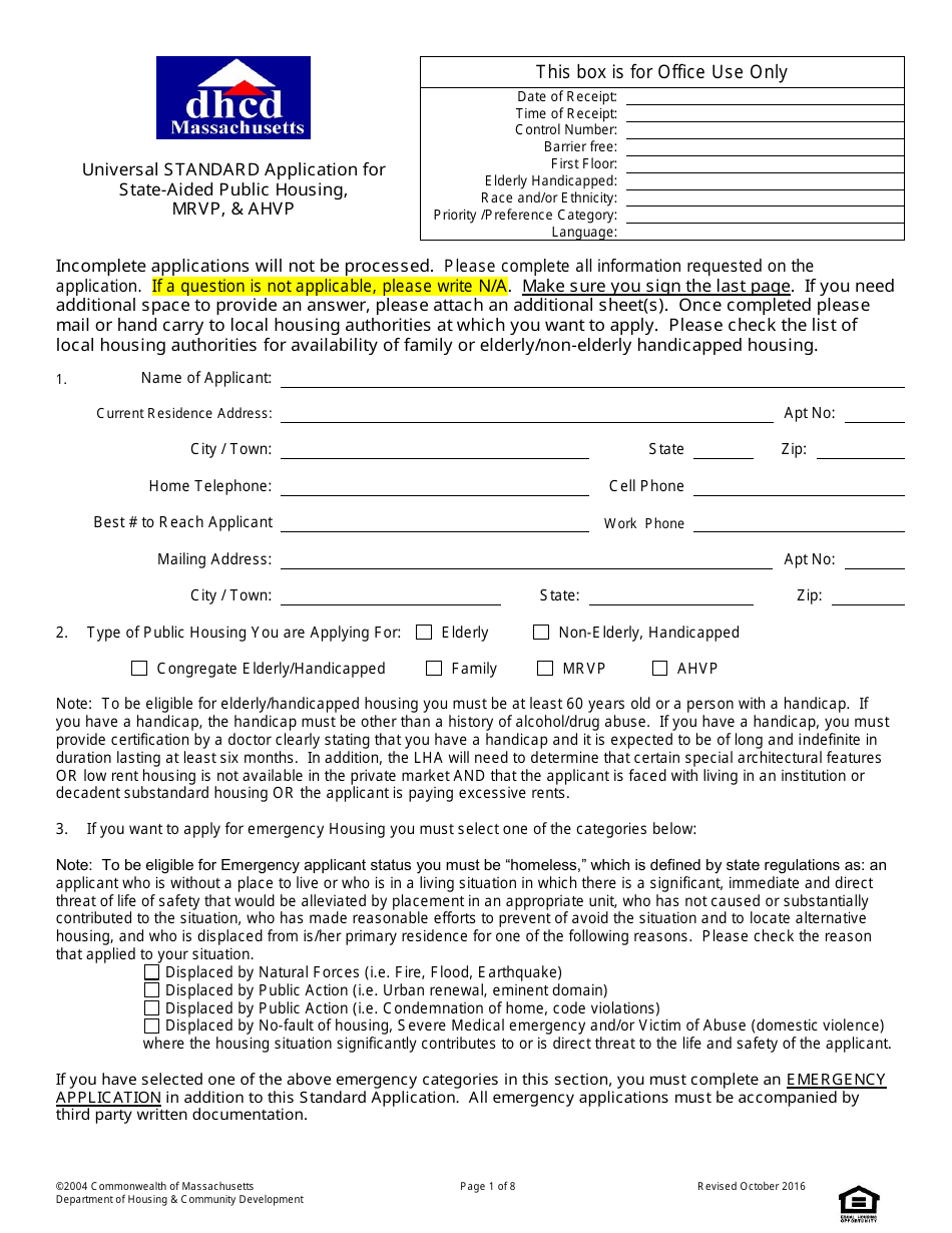 Massachusetts Universal Standard Application for StateAided Public