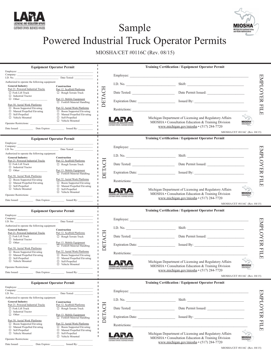 Form MIOSHA / CET0116C Powered Industrial Truck Operator Permits - Michigan, Page 1