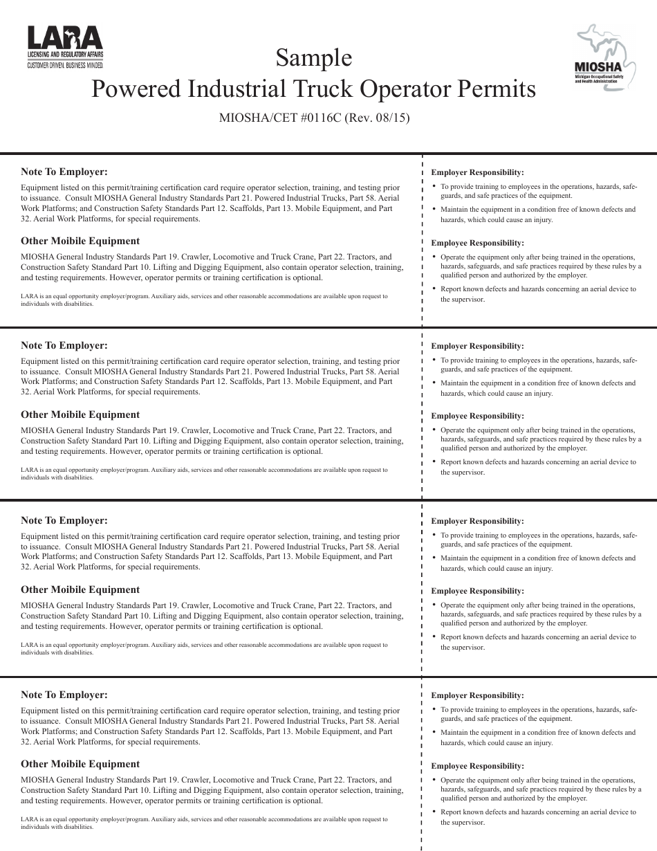 Form MIOSHA / CET0116C Powered Industrial Truck Operator Permits - Michigan, Page 2