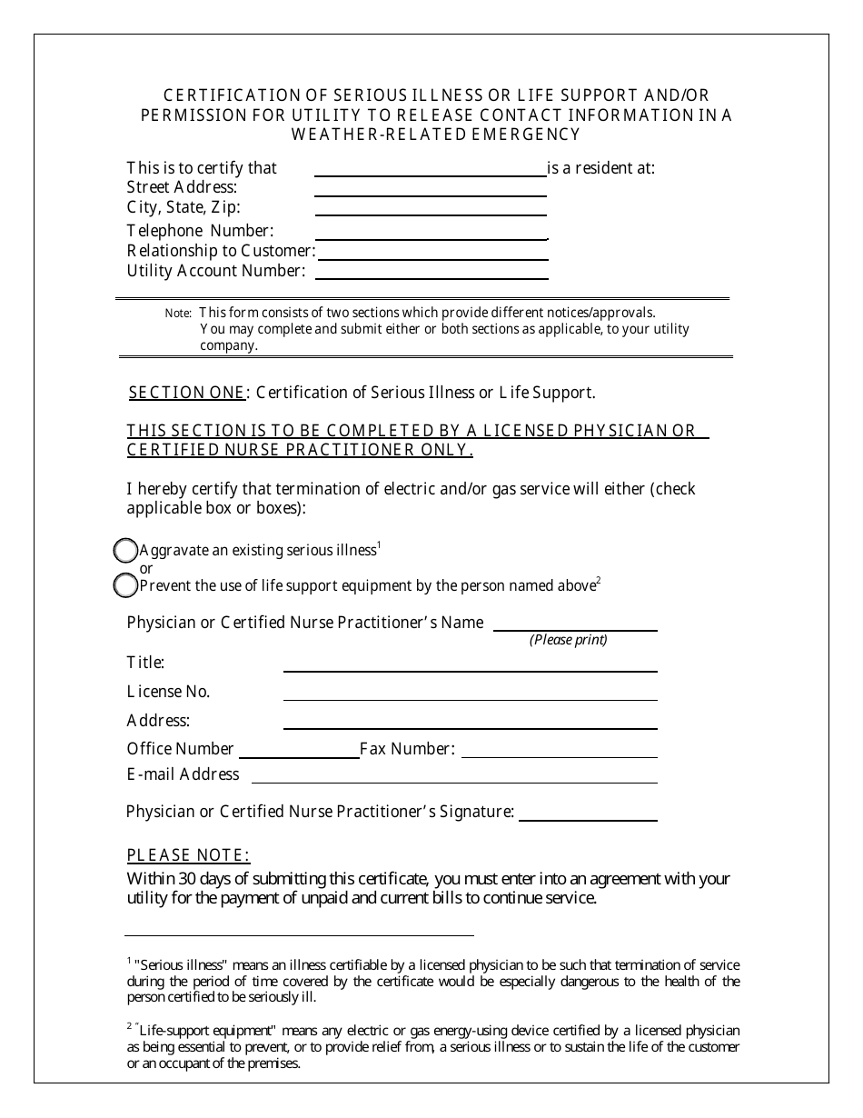 Form PSC-801 Certification of Serious Illness or Life Support and / or Permission for Utility to Release Contact Information in a Weather-Related Emergency - Maryland, Page 1