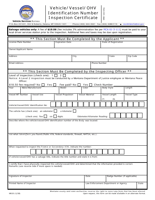 Form MV20 Vehicle/Vessel/OHV Identification Number Inspection Certificate - Montana