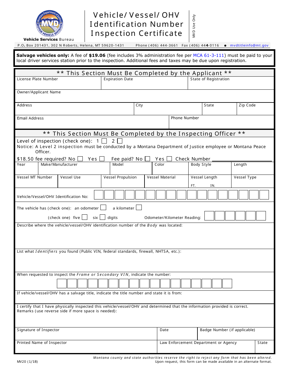 Form MV20 Vehicle / Vessel / OHV Identification Number Inspection Certificate - Montana, Page 1