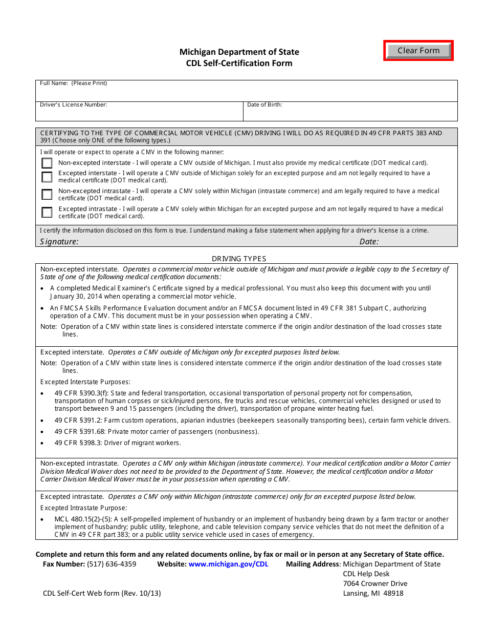 Cdl Self-certification Form - Michigan, Page 1