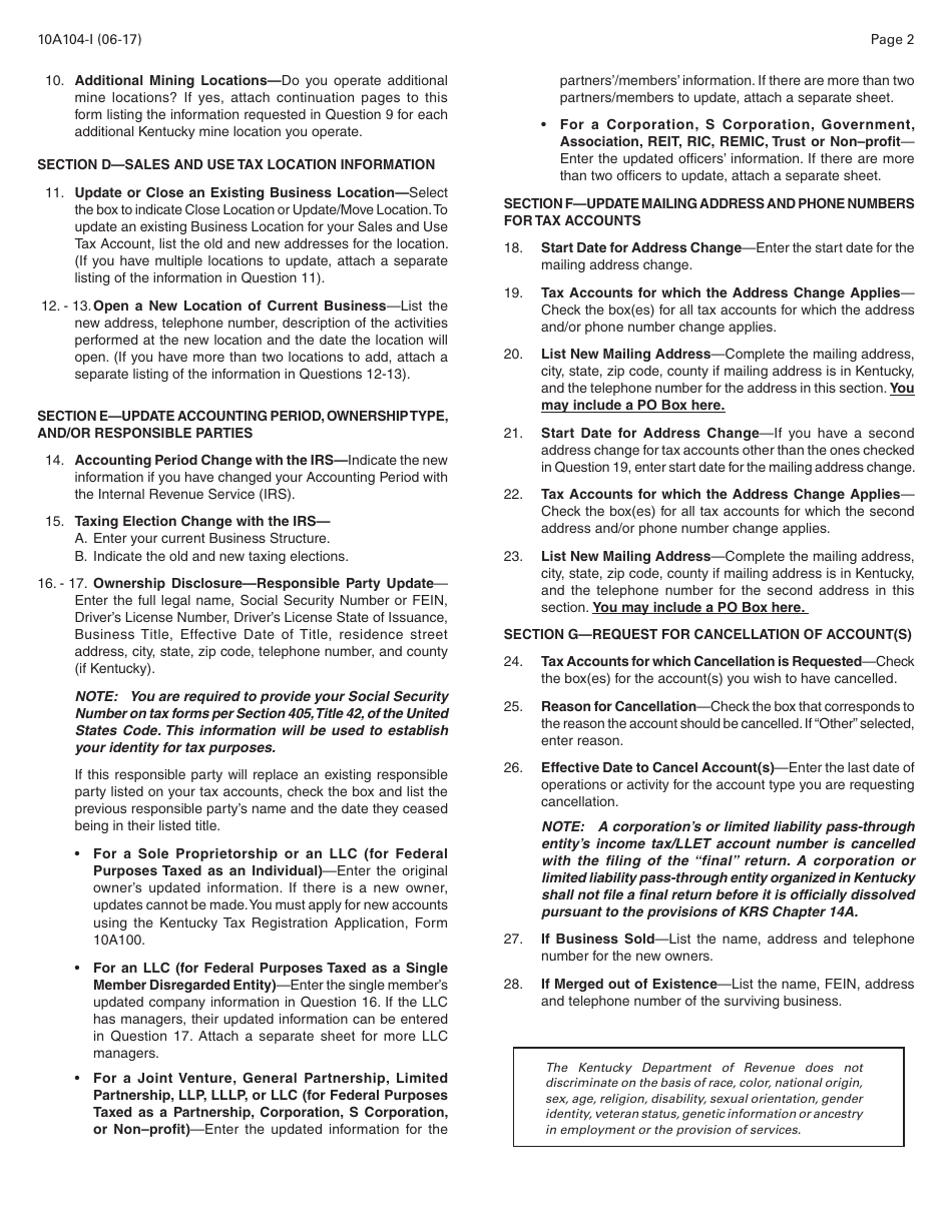 Instructions for Form 10A104 Update or Cancellation of Kentucky Tax Account(S) - Kentucky, Page 2