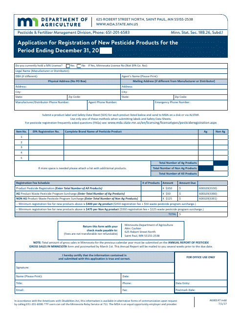 Form AG00147 Application for Registration of New Pesticide Products - Minnesota
