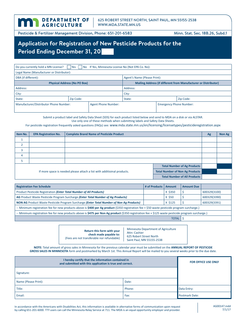 Form AG00147 Application for Registration of New Pesticide Products - Minnesota, Page 1