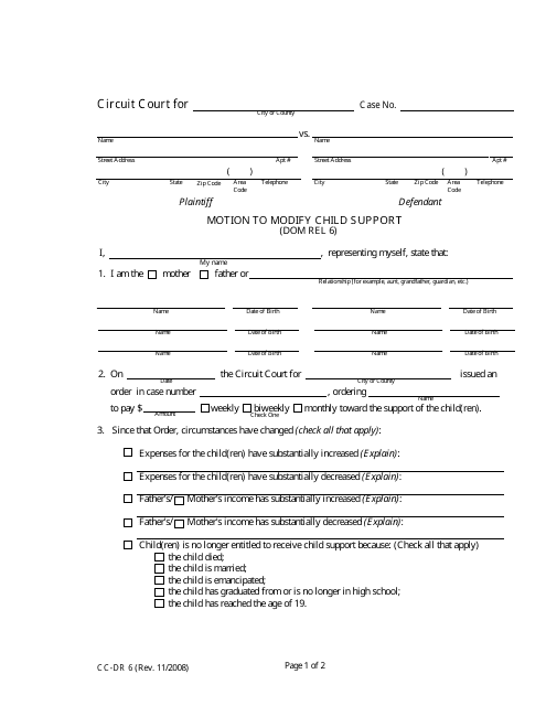 Form CC-DR6 Motion to Modify Child Support - Maryland