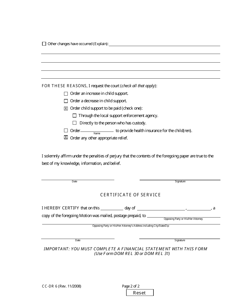 Form CC-DR6 Motion to Modify Child Support - Maryland, Page 2