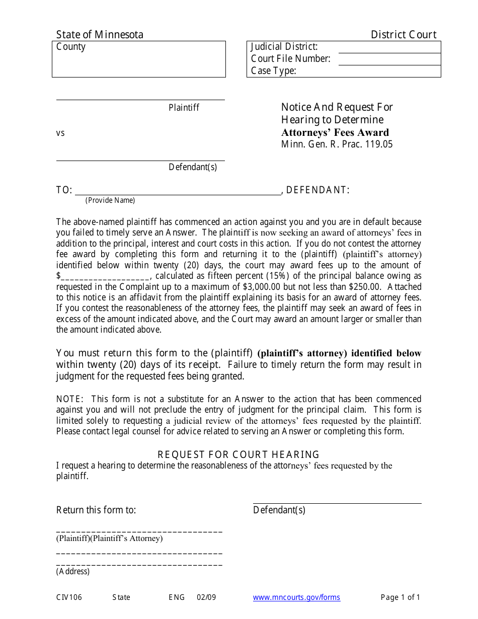 Form CIV106 Notice and Request for Hearing to Determine Attorneys Fees Award - Minnesota, Page 1