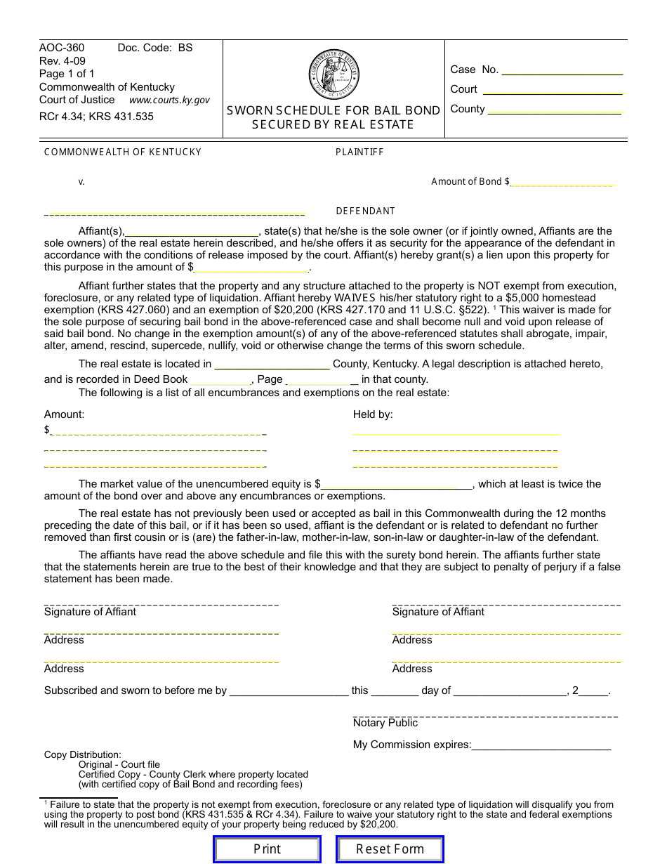 Form AOC-360 Sworn Schedule for Bail Bond Secured by Real Estate - Kentucky, Page 1