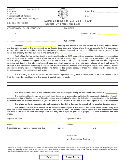Form AOC-360.1 Sworn Schedule for Bail Bond Secured by Stocks and Bonds - Kentucky