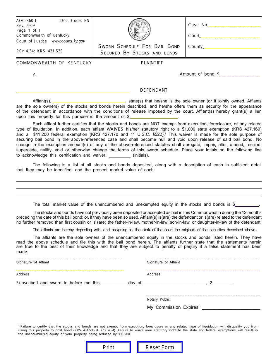 Form AOC-360.1 Sworn Schedule for Bail Bond Secured by Stocks and Bonds - Kentucky, Page 1