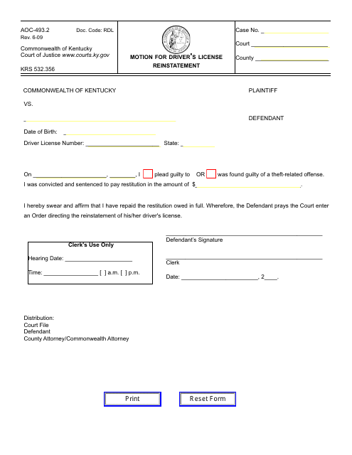 Form AOC-493.2 Motion for Driver's License Reinstatement - Kentucky