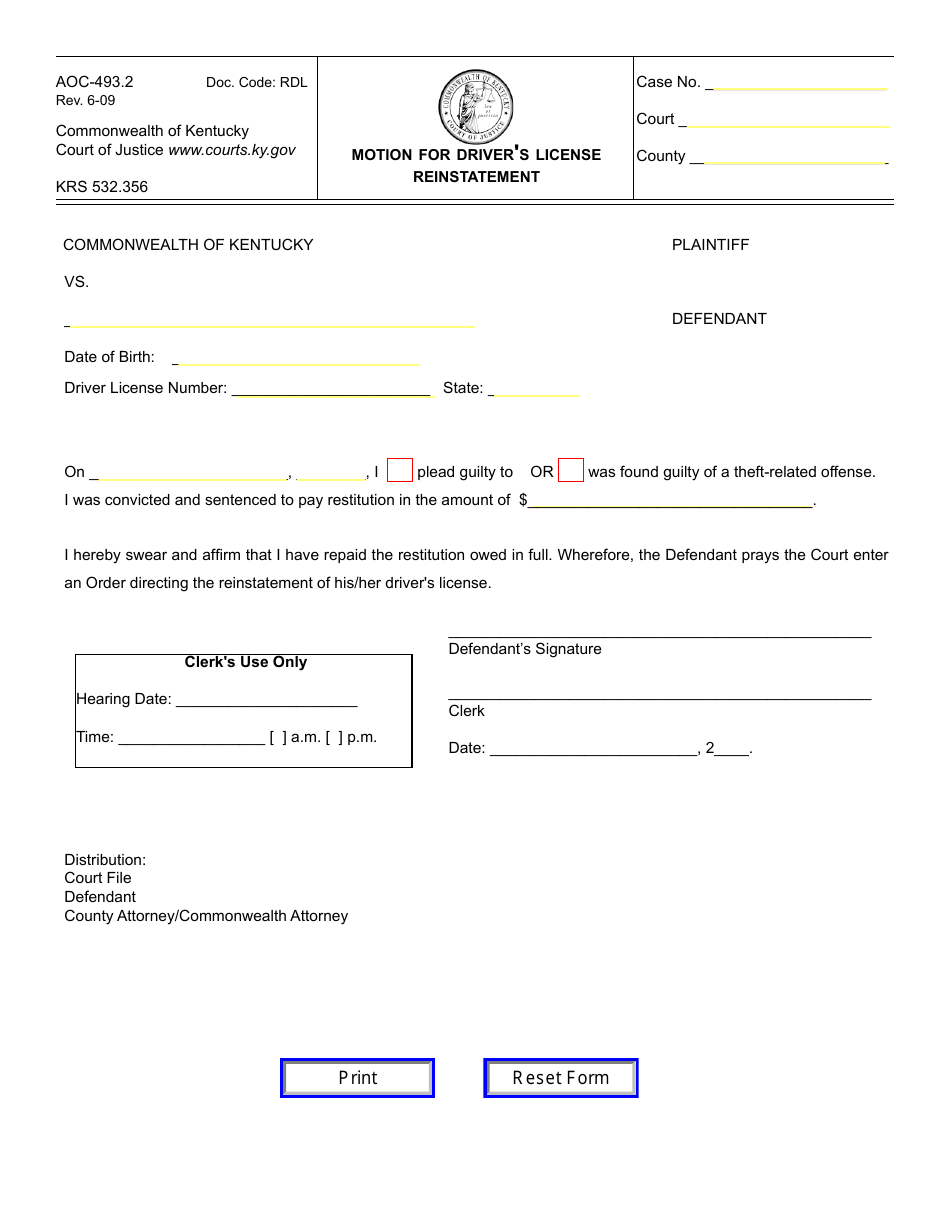Form AOC-493.2 Motion for Drivers License Reinstatement - Kentucky, Page 1