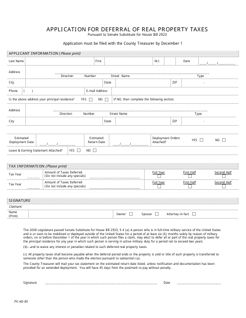 Form PV-AD-80 Application for Deferral of Real Property Taxes - Kansas