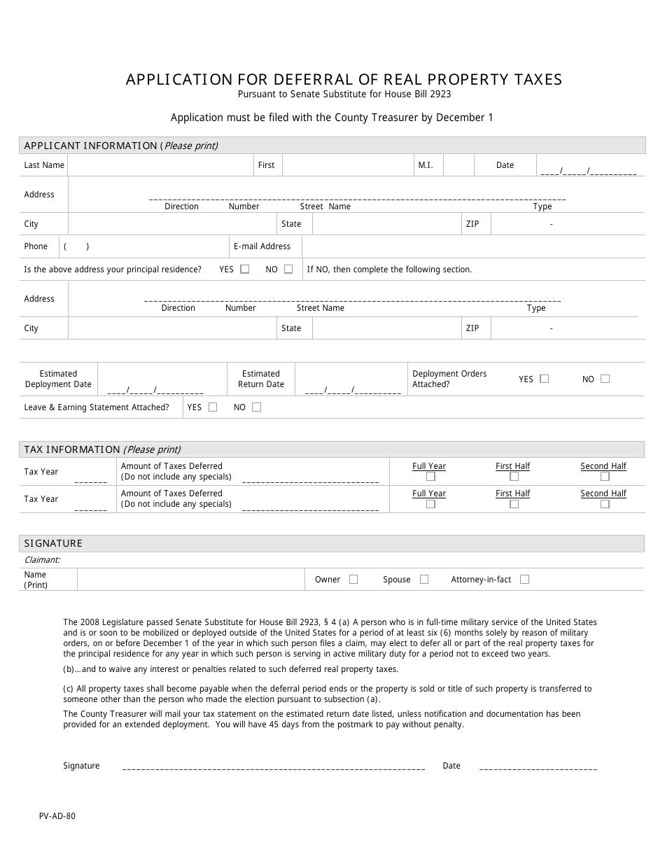 Form PV-AD-80 Application for Deferral of Real Property Taxes - Kansas, Page 1