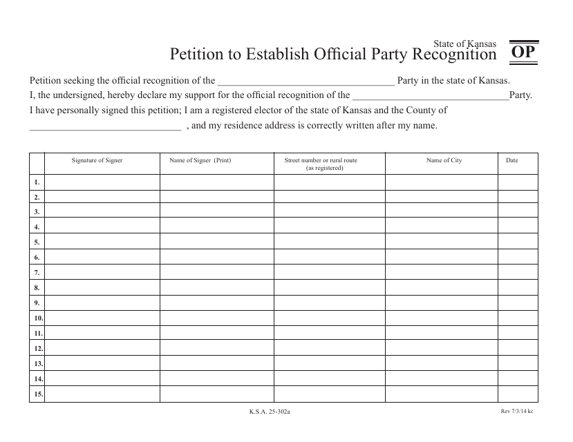 Form OP Petition to Establish Official Party Recognition - Kansas