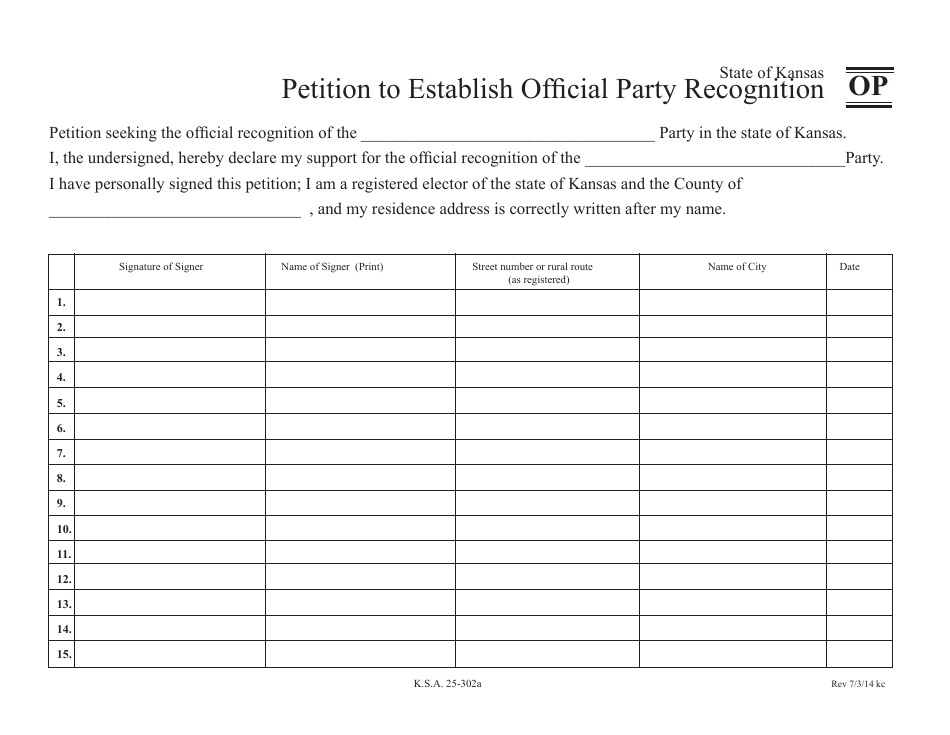 Form OP Petition to Establish Official Party Recognition - Kansas, Page 1