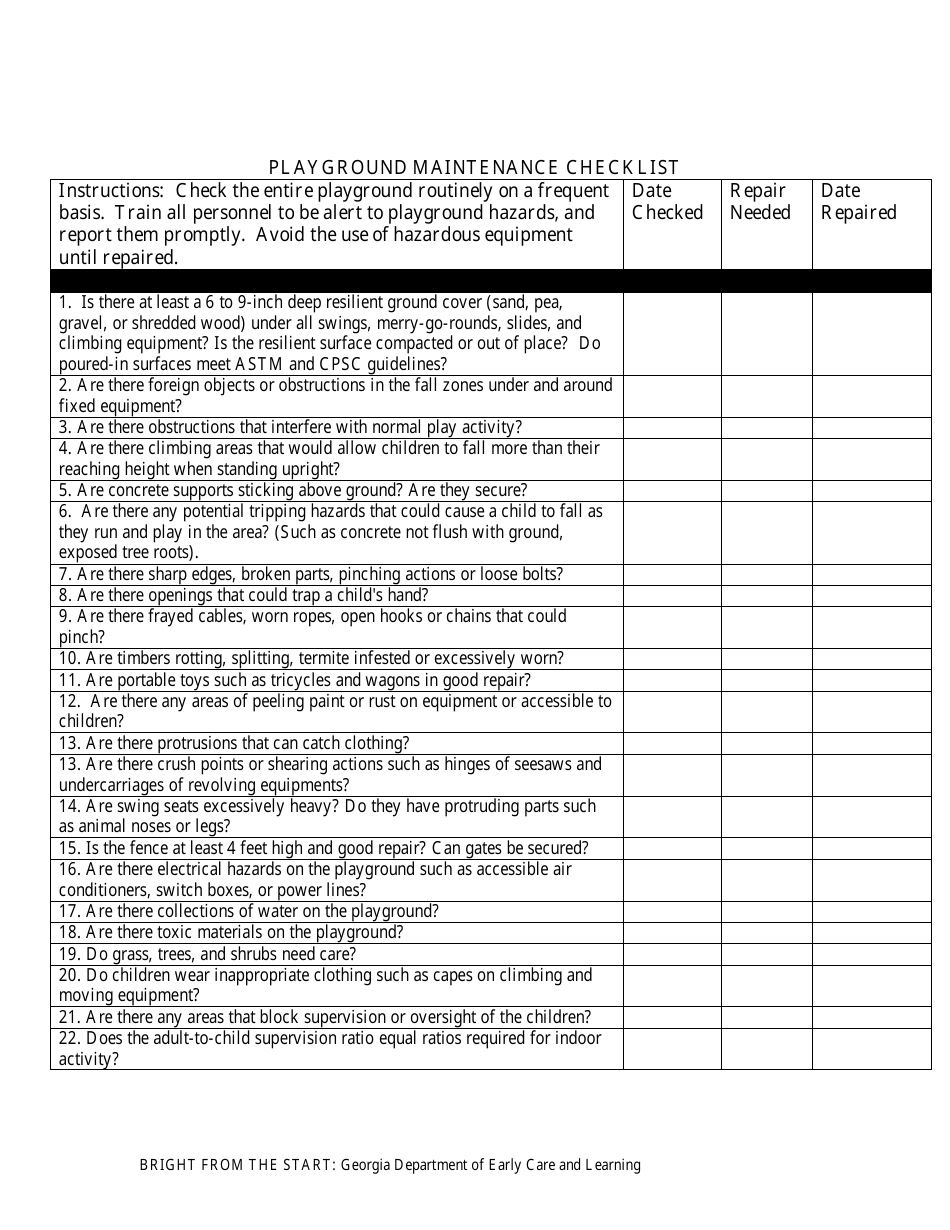 Playground Maintenance Checklist - Georgia (United States), Page 1