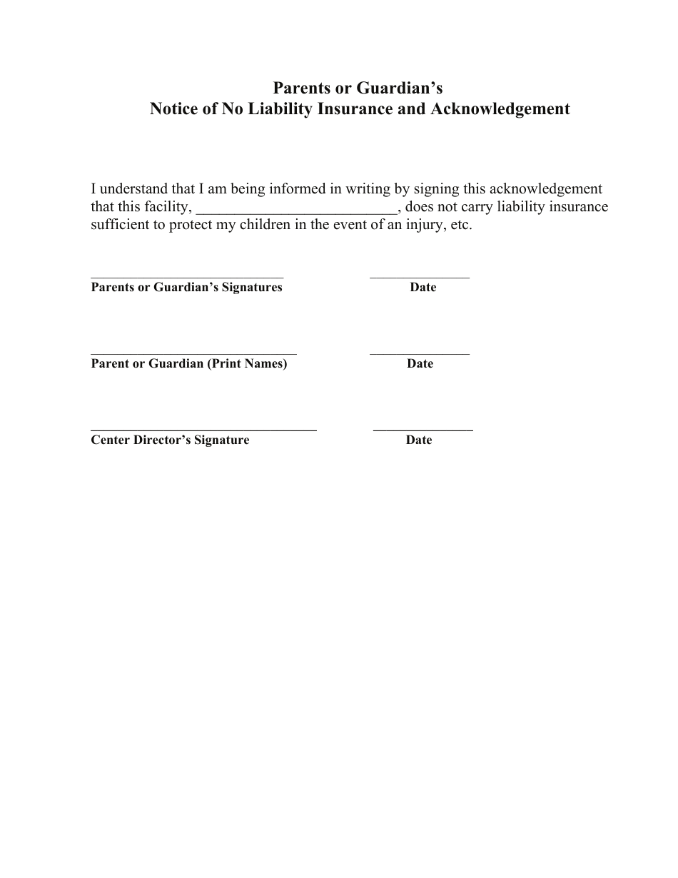 Parents or Guardians Notice of No Liability Insurance and Acknowledgement - Georgia (United States), Page 1