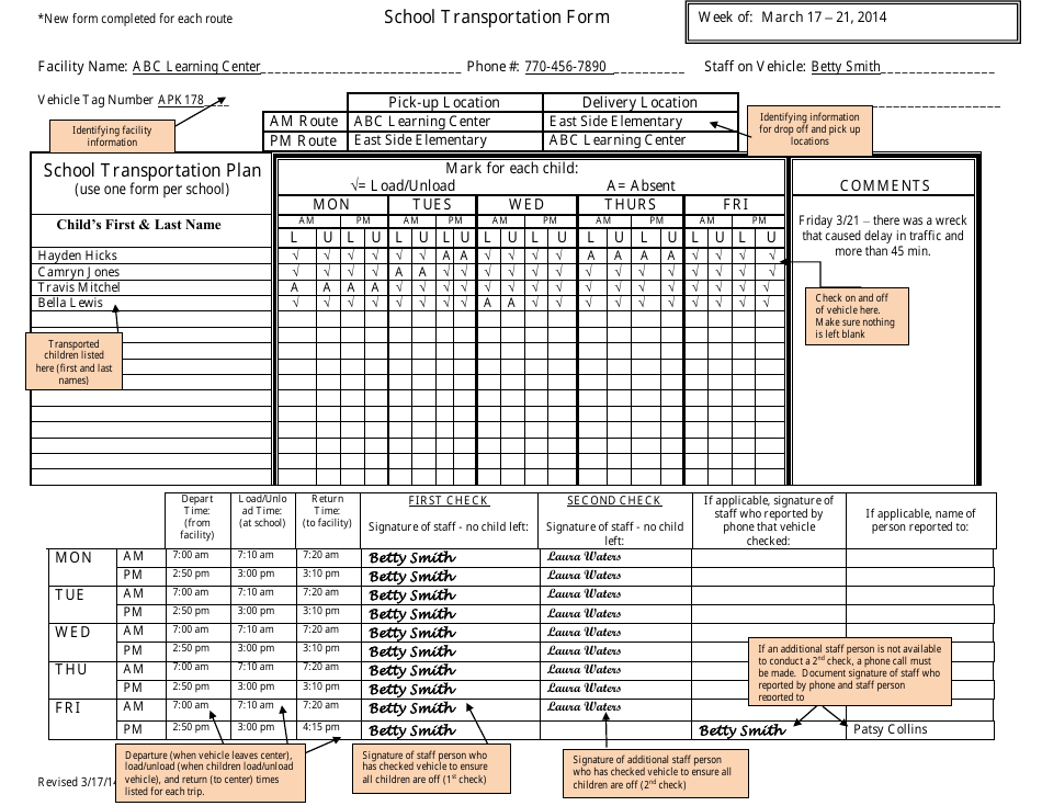Sample School Transportation Form - Georgia (United States), Page 1