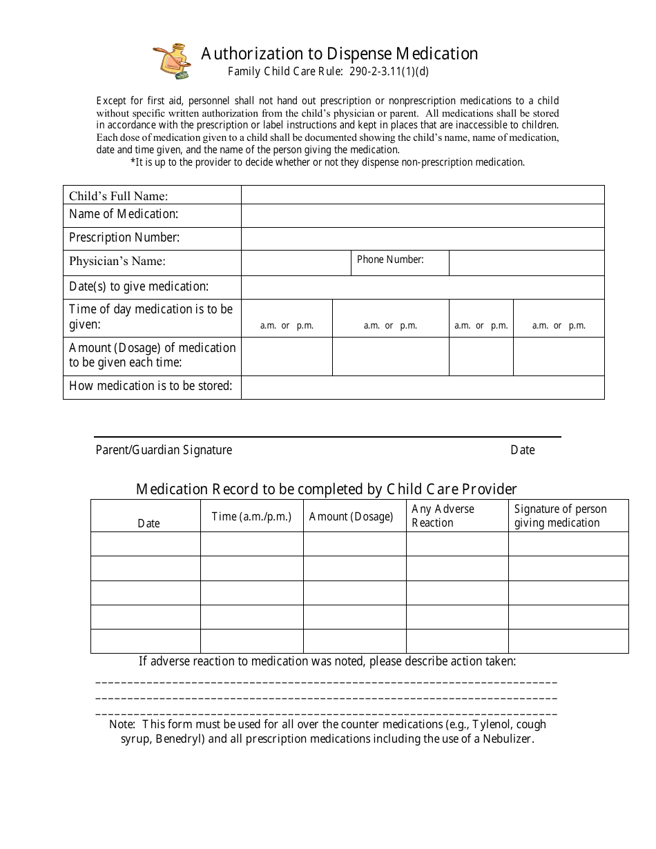 (United States) Authorization to Dispense Medication Fill Out