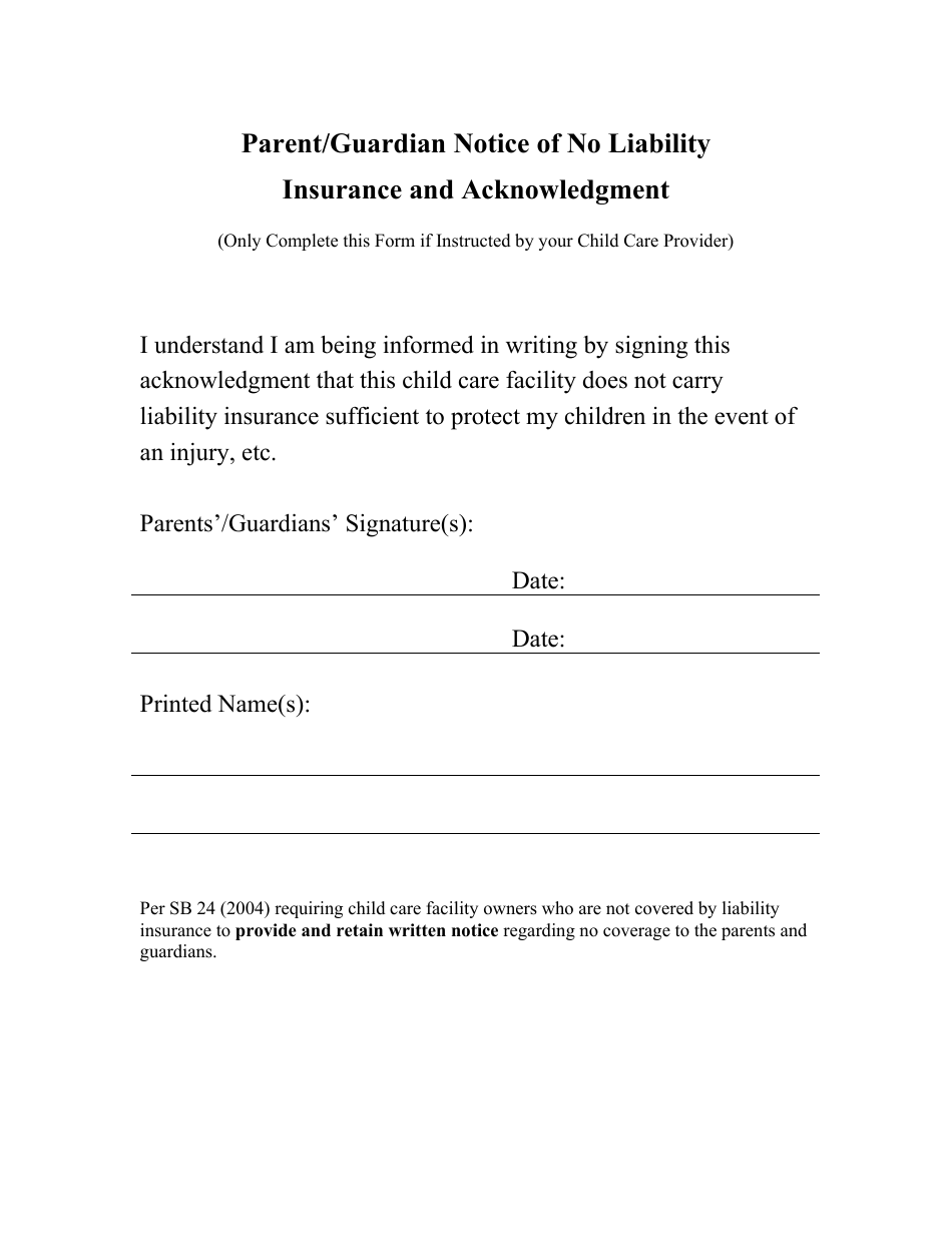 Parent / Guardian Notice of No Liability Insurance and Acknowledgment Form - Georgia (United States), Page 1