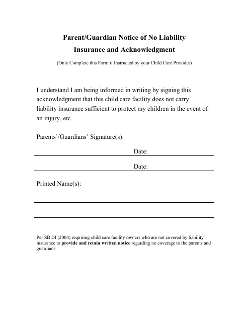 Parent/Guardian Notice of No Liability Insurance and Acknowledgment Form - Georgia (United States)