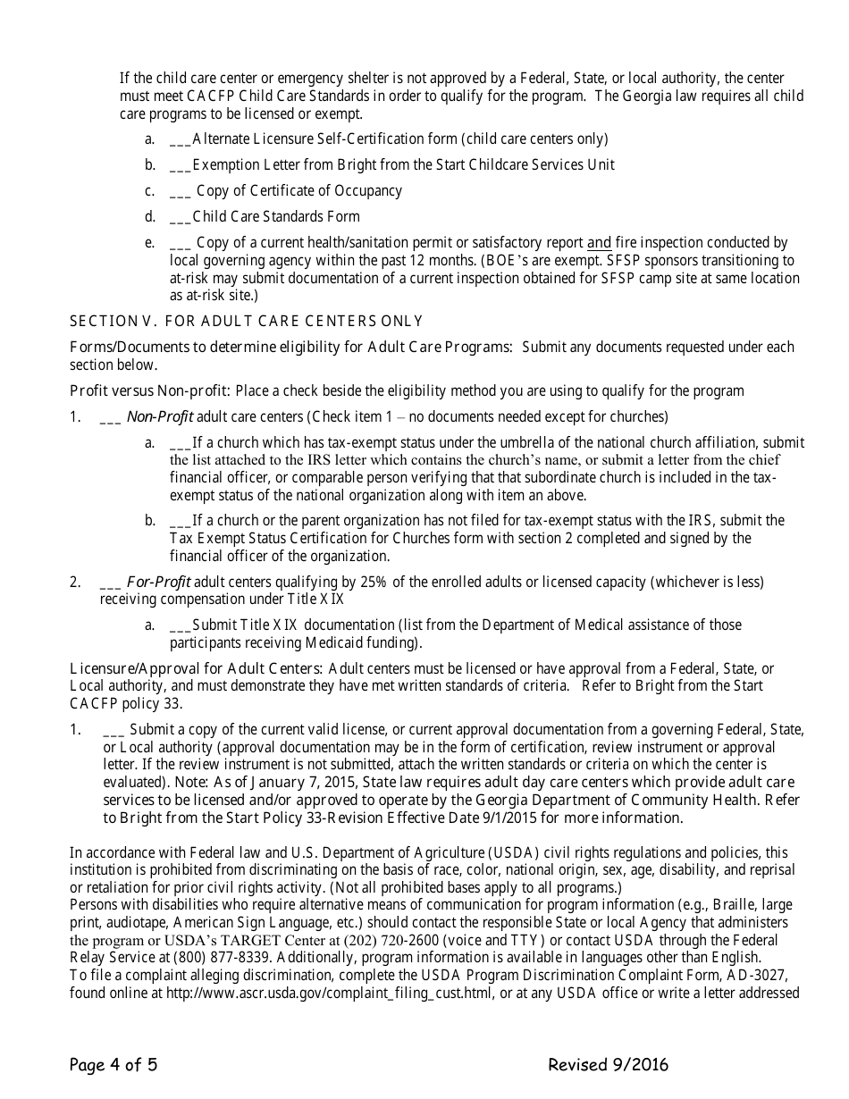 Add-A-site Checklist - Center Sponsors Adding Traditional Child or Adult Facilities - Georgia (United States), Page 4