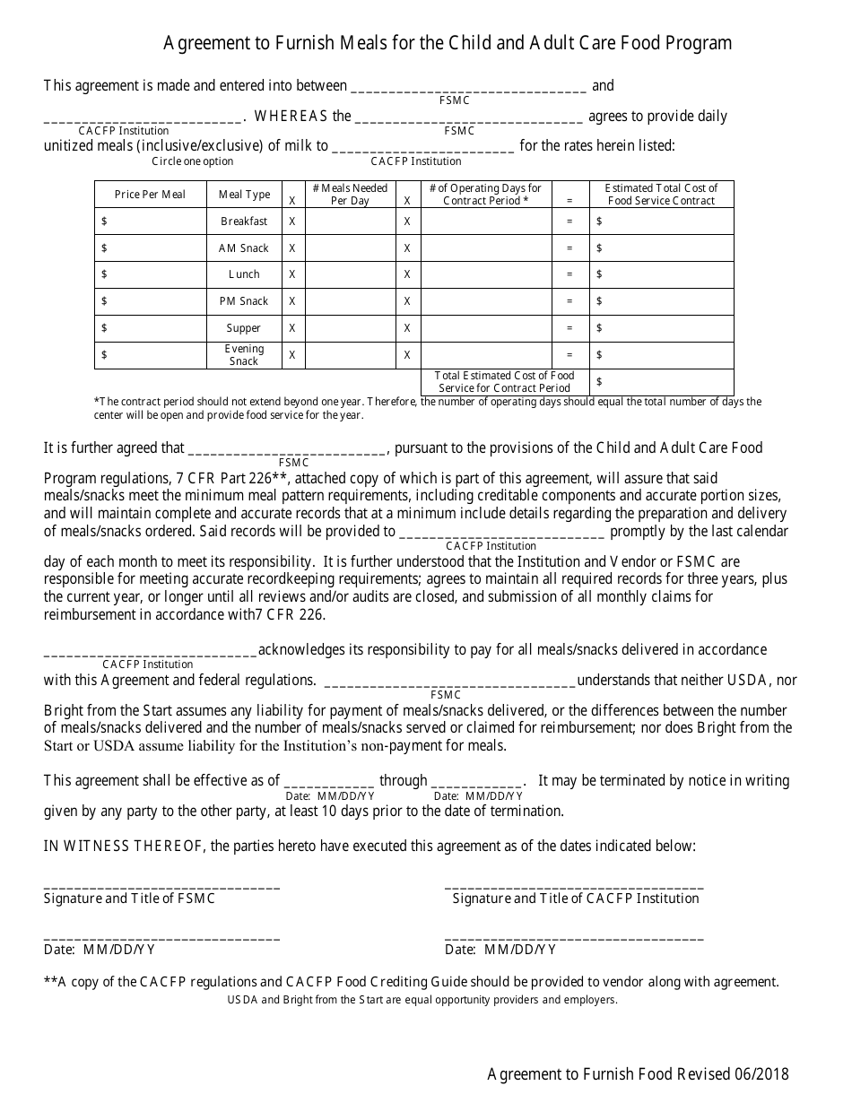 Georgia (United States) Agreement to Furnish Meals for the Child and ...