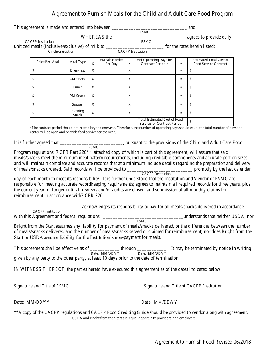 Agreement to Furnish Meals for the Child and Adult Care Food Program - Georgia (United States), Page 1