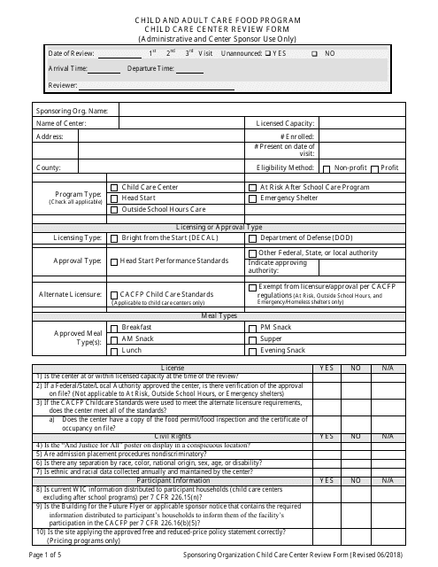 "Child Care Center Review Form (Administrative and Center Sponsor Use Only) - Child and Adult Care Food Program" - Georgia (United States) Download Pdf