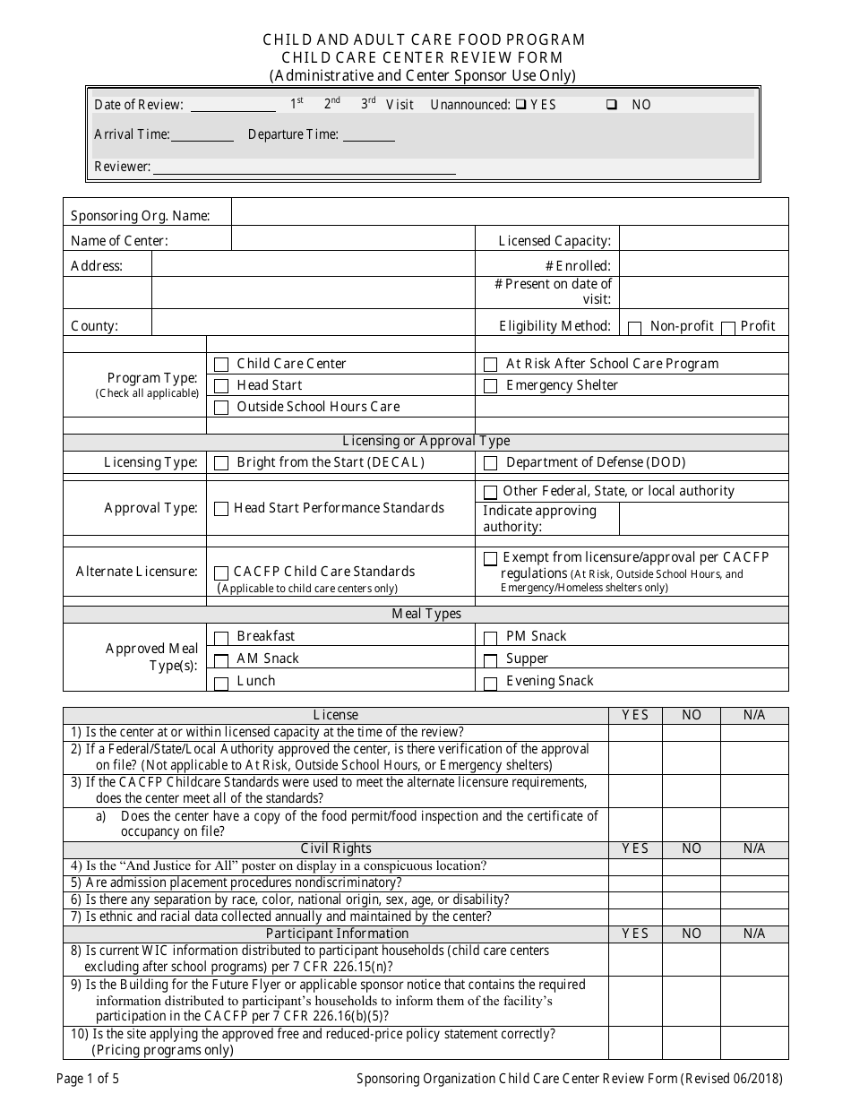Child Care Center Review Form (Administrative and Center Sponsor Use Only) - Child and Adult Care Food Program - Georgia (United States), Page 1