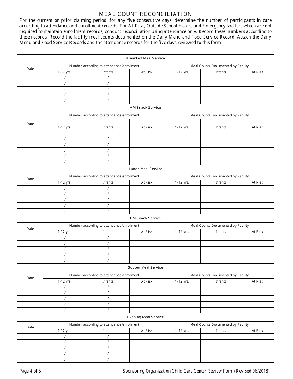 Child Care Center Review Form (Administrative and Center Sponsor Use Only) - Child and Adult Care Food Program - Georgia (United States), Page 4