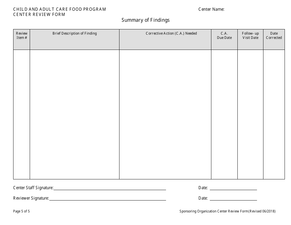 Child Care Center Review Form (Administrative and Center Sponsor Use Only) - Child and Adult Care Food Program - Georgia (United States), Page 5