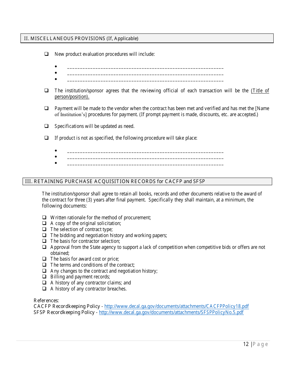 Written Procurement Procedures Checklist for the Child and Adult Care Food Program (CACFP) and / or Summer Food Service Program (Sfsp) - Georgia (United States), Page 12