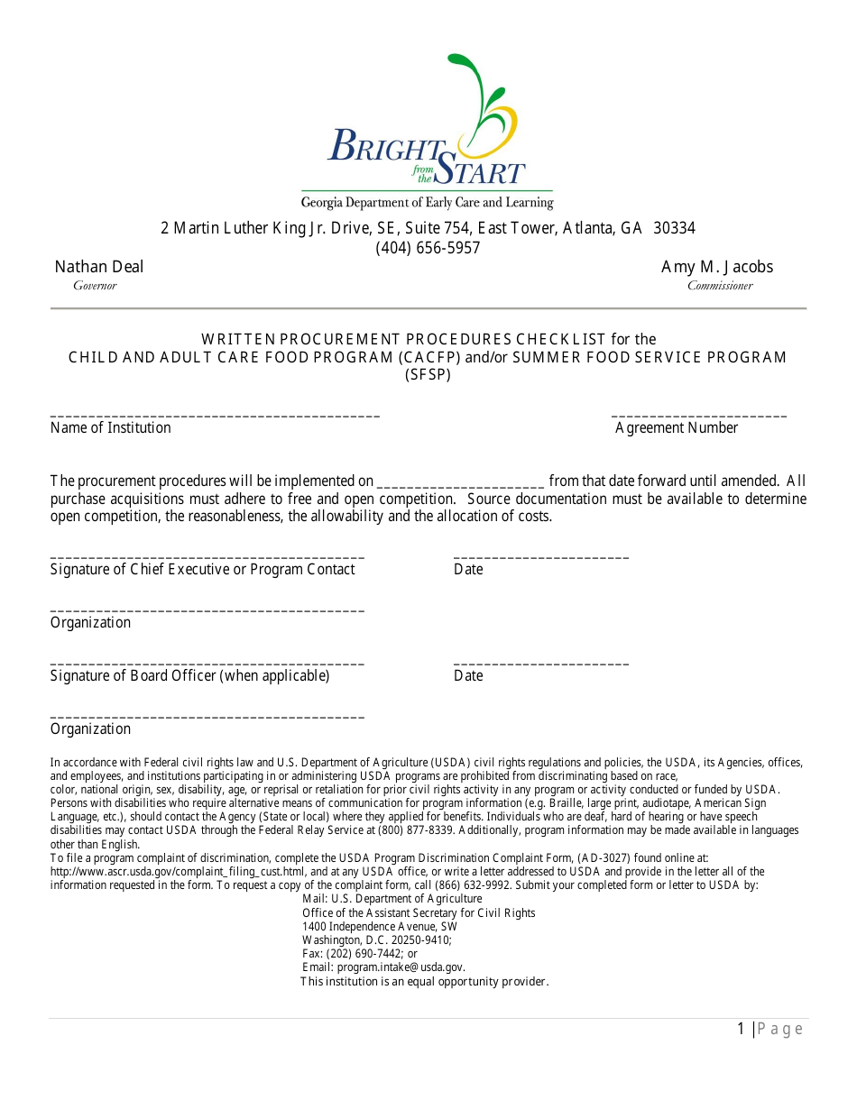Written Procurement Procedures Checklist for the Child and Adult Care Food Program (CACFP) and / or Summer Food Service Program (Sfsp) - Georgia (United States), Page 1