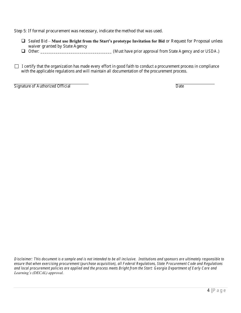 Written Procurement Procedures Checklist for the Child and Adult Care Food Program (CACFP) and / or Summer Food Service Program (Sfsp) - Georgia (United States), Page 4