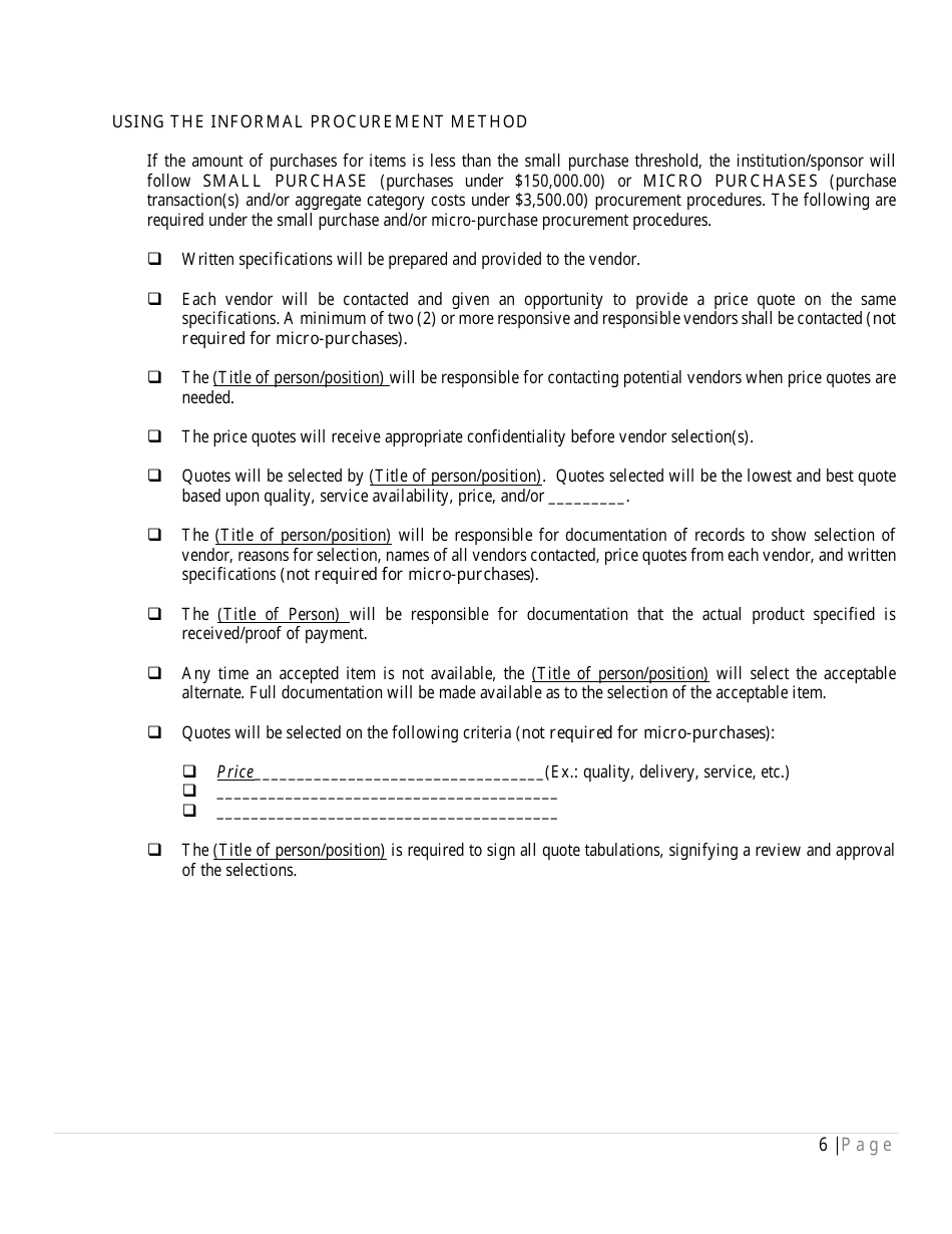 Written Procurement Procedures Checklist for the Child and Adult Care Food Program (CACFP) and / or Summer Food Service Program (Sfsp) - Georgia (United States), Page 6