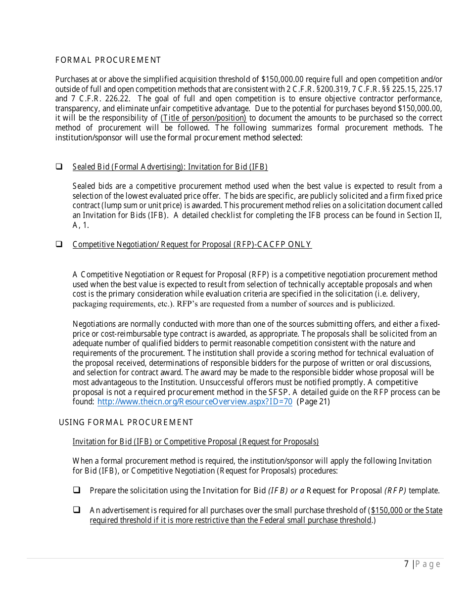 Written Procurement Procedures Checklist for the Child and Adult Care Food Program (CACFP) and / or Summer Food Service Program (Sfsp) - Georgia (United States), Page 7