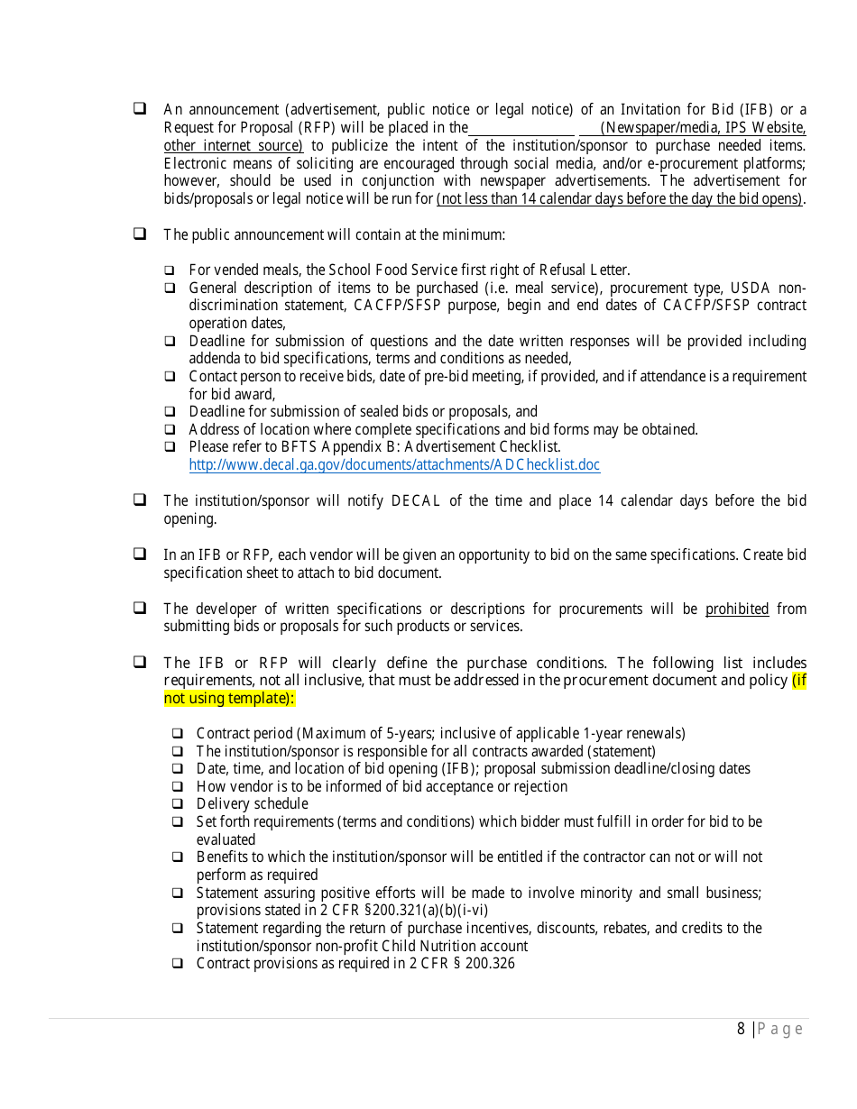Written Procurement Procedures Checklist for the Child and Adult Care Food Program (CACFP) and / or Summer Food Service Program (Sfsp) - Georgia (United States), Page 8