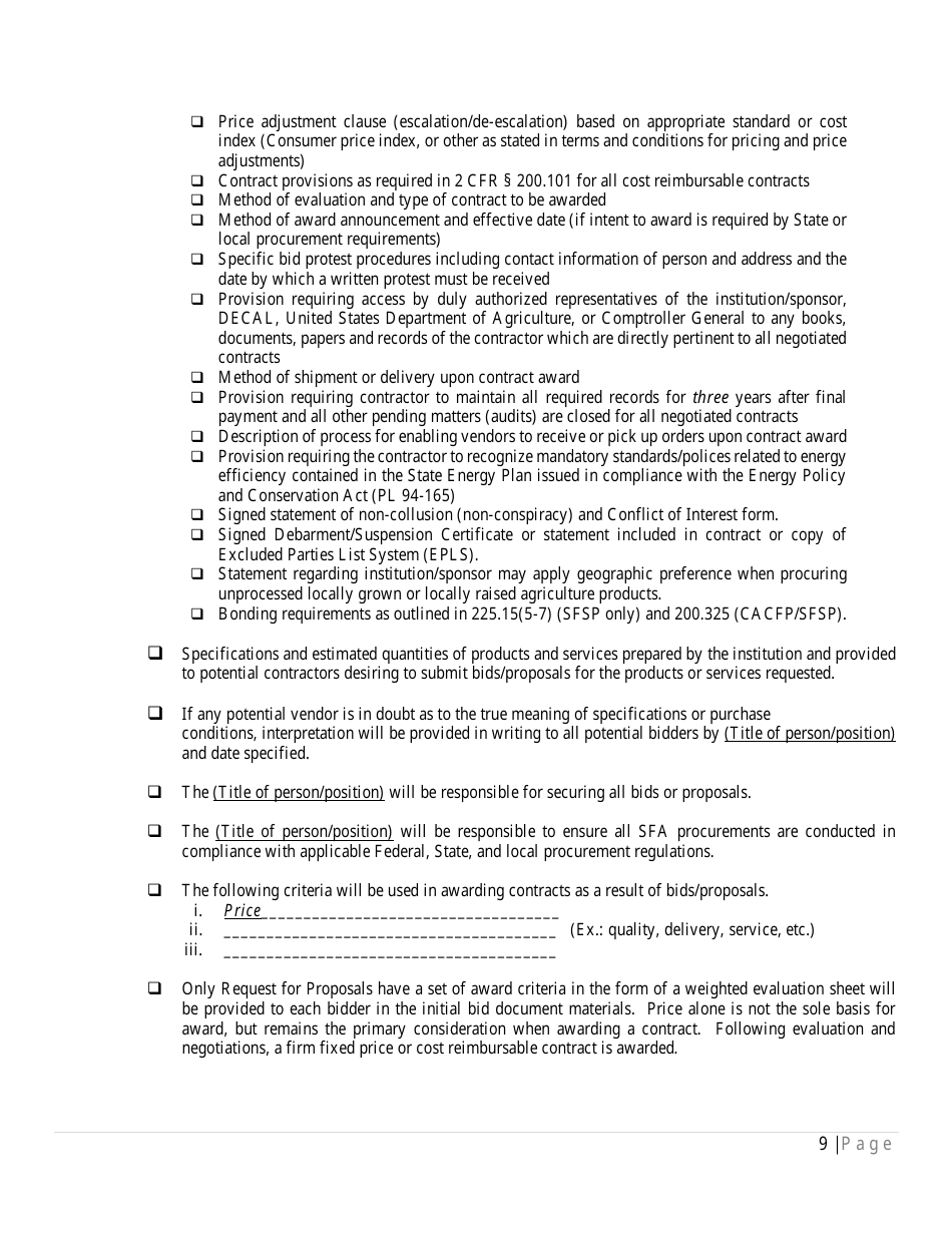 Written Procurement Procedures Checklist for the Child and Adult Care Food Program (CACFP) and / or Summer Food Service Program (Sfsp) - Georgia (United States), Page 9