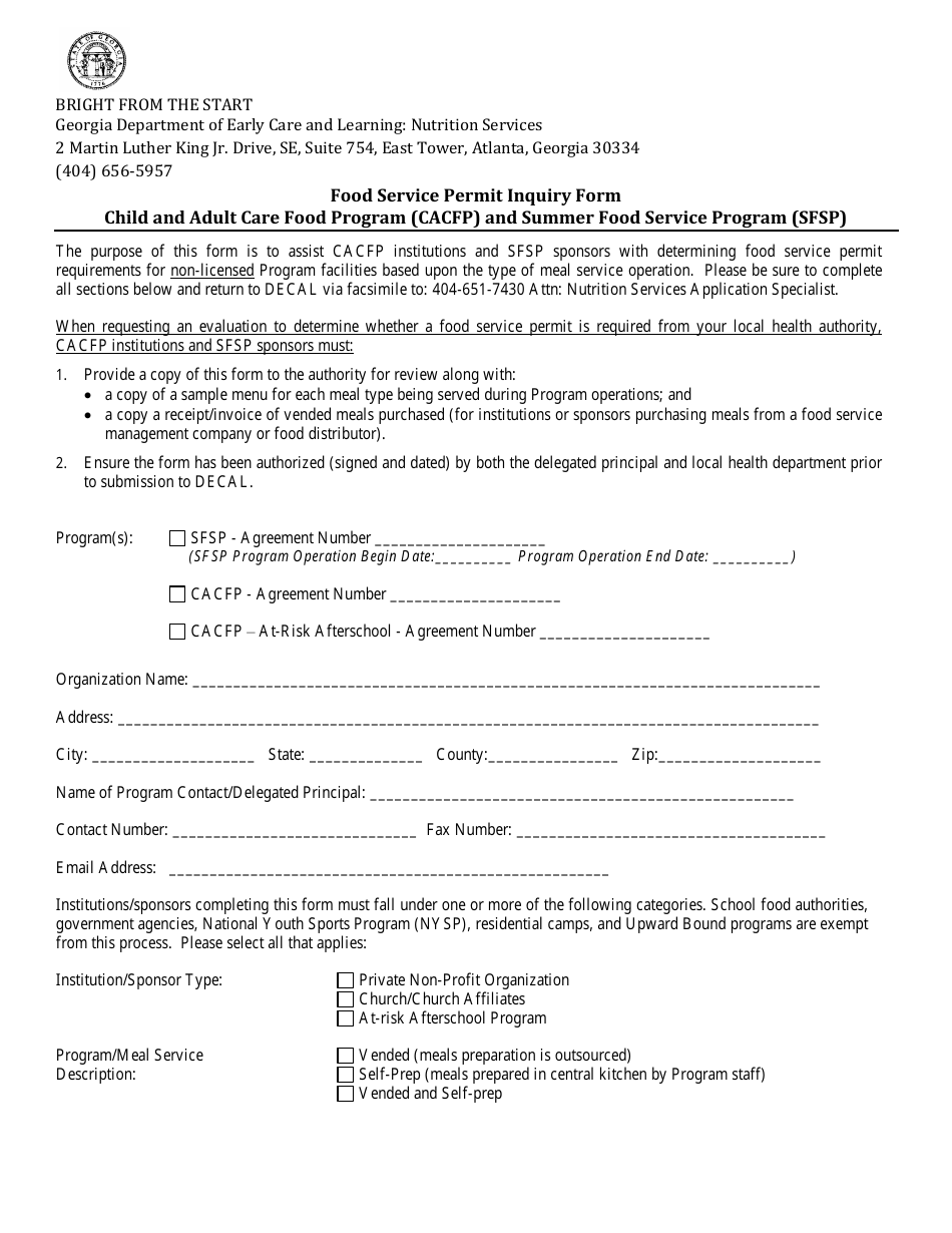 Food Service Inspection Inquiry Form - Georgia (United States), Page 1