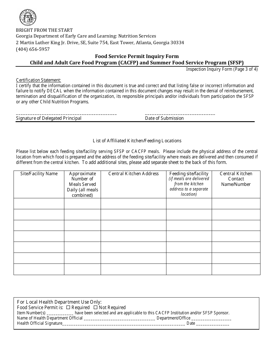 Food Service Inspection Inquiry Form - Georgia (United States), Page 3