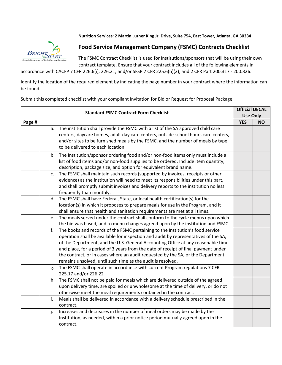 Food Service Management Company (Fsmc) Contracts Checklist - Georgia (United States), Page 1