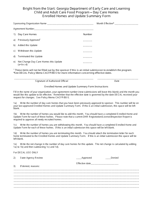 Enrolled Homes and Update Summary Form - Child and Adult Care Food Program - Georgia (United States)