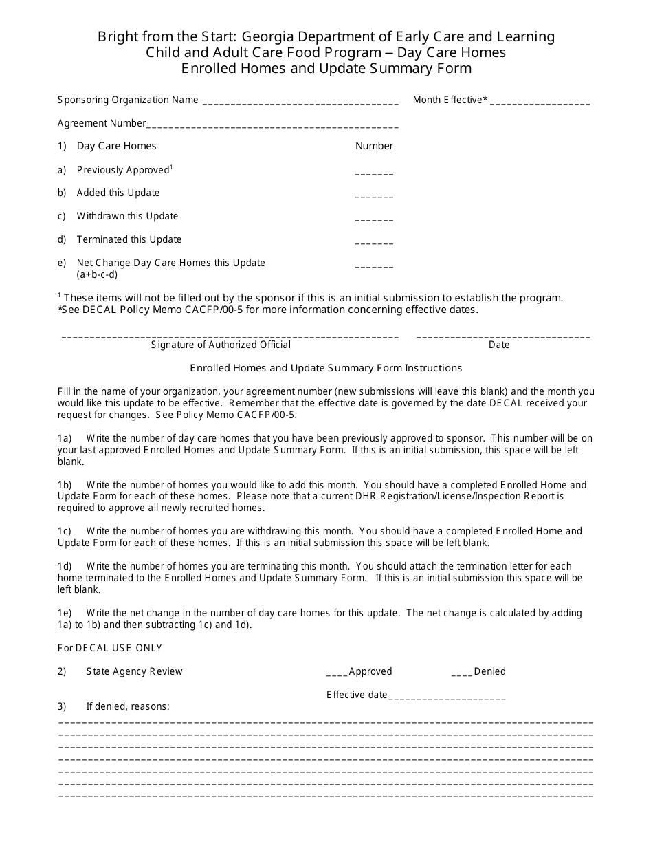 Enrolled Homes and Update Summary Form - Child and Adult Care Food Program - Georgia (United States), Page 1
