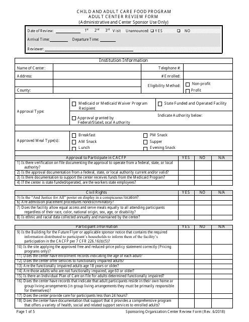 "Adult Center Review Form (Administrative and Center Sponsor Use Only) - Child and Adult Care Food Program" - Georgia (United States) Download Pdf